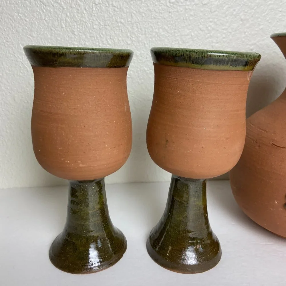 Studio Art Wine Glass Goblet Pitcher Artisan Pottery SET of 5